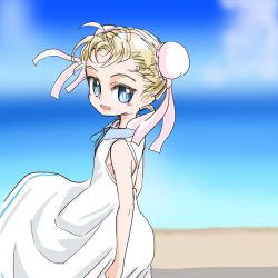 Rule 34 | 1girl, alternate costume, blonde hair, blue eyes, bun cover, chrono cross, cloud, commentary request, day, double bun, dress, looking at viewer, marcy (chrono cross), outdoors, s-a-murai, short hair, sky, smile, solo, standing