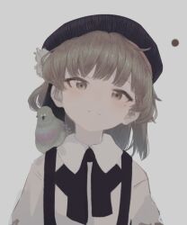 Rule 34 | 1girl, animal, animal on shoulder, beret, bird, bird on shoulder, black hat, black ribbon, brown eyes, brown flower, brown hair, closed mouth, collared shirt, commentary request, doubato, flower, grey background, hair flower, hair ornament, hair ribbon, hat, hatoba tsugu, head tilt, light blush, light frown, looking at viewer, medium hair, mole, mole under eye, neck ribbon, pigeon, ribbon, shirt, simple background, single hair ring, solo, straight-on, suspenders, tsugu (vtuber), upper body, virtual youtuber, white shirt