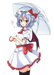 Rule 34 | 1girl, bat wings, blue hair, bracelet, dress, jewelry, junior27016, looking at viewer, pointy ears, red eyes, remilia scarlet, short hair, simple background, smile, solo, thighhighs, touhou, umbrella, vampire, white background, white dress, white umbrella, wings