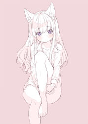 Rule 34 | 1girl, animal ear fluff, animal ears, barefoot, blush, cat ears, collared shirt, foot out of frame, highres, knee up, long hair, long sleeves, monochrome, mutou mato, naked shirt, original, purple eyes, shirt, simple background, solo, spot color, toes