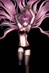 Rule 34 | 00s, armpits, arms up, bad id, bad pixiv id, choker, elbow gloves, gloves, highres, long hair, lying, macross, macross frontier, microphone, midriff, navel, ouka mai, purple eyes, purple hair, sheryl nome, shorts, solo, suspenders, thighhighs