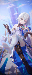 Rule 34 | 1girl, bare shoulders, boots, breasts, bronya rand, closed mouth, crossed legs, day, detached sleeves, dress, drill hair, earrings, elbow gloves, english text, gloves, grey eyes, grey hair, head tilt, highres, holding, holding rope, honkai: star rail, honkai (series), icecake, jewelry, long hair, long sleeves, medium breasts, no shoes, outdoors, pantyhose, rope, single boot, sitting, solo, very long hair, white dress, white pantyhose