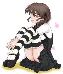 Rule 34 | 1girl, arms between legs, black footwear, black skirt, black thighhighs, braid, brown eyes, brown hair, casual, closed mouth, commentary, cosplay, frown, girls und panzer, hair ornament, hair over shoulder, hairclip, half-closed eyes, high-waist skirt, layered skirt, light frown, long hair, long sleeves, looking at viewer, mary janes, parted lips, rukuriri (girls und panzer), rukuriritea, shimada arisu, shimada arisu (cosplay), shirt, shoes, single braid, sitting, skindentation, skirt, solo, striped clothes, striped thighhighs, suspender skirt, suspenders, thighhighs, white shirt