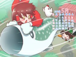 Rule 34 | &gt; &lt;, + +, 1other, 2018, bird, bow, brown eyes, brown hair, calendar (medium), chicken, commentary request, cookie (touhou), cup, dress, fish, flying, full body, green bow, green skirt, hair bow, hair tubes, hakurei reimu, highres, kirisame marisa, long hair, looking at another, may, mug, nadeko (cookie), open mouth, otemoto (baaaaloooo), red bow, red dress, reiuji utsuho, reu (cookie), sakenomi (cookie), shirt, short hair, shrine, skirt, sleeveless, sleeveless dress, smile, the chicken that appears in the middle of cookie, touhou, tree, triangle mouth, uzuki (cookie), white shirt, yunomi