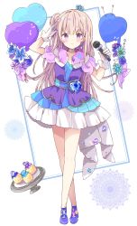 Rule 34 | 1girl, arm up, blue flower, blue footwear, blue rose, blush, closed mouth, commentary, crossed legs, crown, dress, flower, full body, gloves, grey choker, hair bun, heart, highres, holding, holding microphone, light brown hair, long hair, microphone, mini crown, original, puffy short sleeves, puffy sleeves, purple dress, purple eyes, purple flower, purple rose, rose, shoes, short sleeves, side bun, single hair bun, single side bun, smile, solo, standing, symbol-only commentary, tsukiyo (skymint), very long hair, white gloves