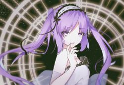 Rule 34 | 1girl, fate/grand order, fate/hollow ataraxia, fate (series), halo, headband, long hair, looking at viewer, purple eyes, purple hair, smile, stheno (fate), twintails, white dress