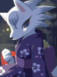 Rule 34 | 1girl, animal crossing, animal ears, artist request, blue eyes, female focus, floral print, furry, furry female, hand up, japanese clothes, kimono, looking at viewer, nintendo, no humans, obi, purple kimono, sash, sitting, smile, solo, source request, whitney (animal crossing), wolf, wolf ears