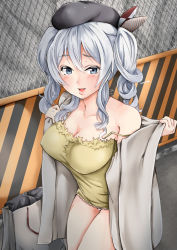 Rule 34 | 1girl, :d, alternate costume, bag, beret, black hat, black legwear, black skirt, blue eyes, breasts, cleavage, collarbone, commentary request, hat, highres, jacket, kantai collection, kashima (kancolle), large breasts, long hair, long sleeves, miniskirt, mitsukoshi (department store), open mouth, sezok, shopping bag, silver hair, skirt, smile, solo, tsurime, twintails, two side up, wavy hair, white jacket