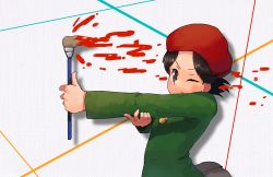 Rule 34 | 1girl, adeleine, artist painter, brown hair, commentary request, forehead, hand on own elbow, hat, highres, holding, holding paintbrush, katsu (katsupainter), kirby (series), kirby 64, nintendo, one eye closed, outstretched arm, paint, paint splatter, paintbrush, red hat, short hair, skirt, smock, solo, thumbs up
