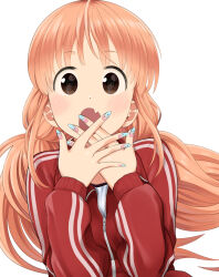 Rule 34 | 1boy, 1girl, black eyes, blush, character request, covering own mouth, eye reflection, fang, fingernails, highres, hoshino me wo tsubutte., hoshino misaki, jacket, long fingernails, long hair, looking at viewer, nagashii kouhei, nail art, open mouth, orange hair, own hands together, reflection, simple background, skin fang, solo focus, track jacket, upper body, white background