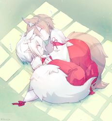 Rule 34 | androgynous, animal ears, brown hair, fox ears, fox tail, gender request, gradient background, japanese clothes, miko, numikko, original, pointy ears, sleeping, tail, white hair, wolf ears, wolf tail