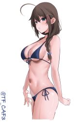 1girl absurdres ahoge bikini blue_bikini blue_eyes blush braid breasts brown_hair choker cowboy_shot hair_between_eyes hair_flaps hair_ornament hair_over_shoulder hair_ribbon highres kantai_collection long_hair looking_at_viewer medium_breasts navel one-hour_drawing_challenge ribbon shigure_(kancolle) shigure_kai_san_(kancolle) simple_background single_braid swimsuit tf_cafe twitter_username white_background