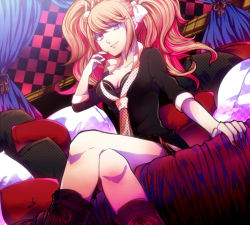 Rule 34 | 10s, 1girl, bad id, bad pixiv id, black bra, blonde hair, blue eyes, bra, breasts, cleavage, collarbone, curtains, danganronpa (series), danganronpa: trigger happy havoc, enoshima junko, fingernails, from below, grin, hair ornament, hair ribbon, hand on own face, kamio an, kamioyuu, crossed legs, lips, looking at viewer, medium breasts, nail polish, necktie, on bed, pillow, plaid, plaid skirt, pleated skirt, ribbon, sidelocks, sitting, skirt, sleeves rolled up, smile, smirk, solo, twintails, underwear
