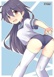 Rule 34 | 1girl, artist name, ass, back, black hair, blue background, blue one-piece swimsuit, blue sailor collar, blush, breasts, brown eyes, embarrassed, hair between eyes, highres, kantai collection, long hair, looking at viewer, looking back, medium breasts, no pants, one-piece swimsuit, open clothes, open mouth, pepatiku, sailor collar, school swimsuit, school uniform, serafuku, solo, swimsuit, swimsuit under clothes, thighhighs, ushio (kancolle), white thighhighs