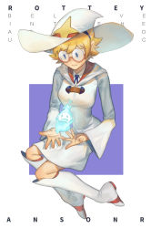 Rule 34 | 10s, 1girl, absurdres, blue eyes, boots, breasts, character name, eur, freckles, glasses, hat, highres, knee boots, little witch academia, long sleeves, lotte jansson, medium breasts, orange hair, semi-rimless eyewear, short hair, solo, white footwear, white hat, witch hat