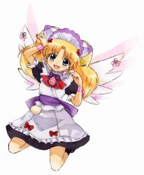 Rule 34 | 1girl, animal ears, apron, bad id, bad pixiv id, bell, blonde hair, blue eyes, blush, bow, brooch, cat ears, dress, earrings, fang, flat chest, hair ornament, happy, jewelpet (series), jewelpet twinkle, jewelry, kneeling, long hair, maid, maid apron, maid headdress, miria marigold mackenzie, nyama, open mouth, paw pose, ribbon, simple background, smile, socks, solo, twintails, wings, wristband