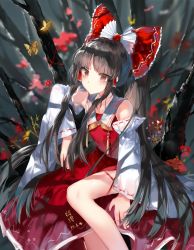 Rule 34 | 1girl, absurdres, black hair, bow, brown eyes, bug, butterfly, closed mouth, dated, detached sleeves, flower, hair bow, hair tubes, hakurei reimu, highres, bug, ling mou, long hair, looking at viewer, outdoors, ponytail, red bow, red flower, red skirt, red vest, ribbon-trimmed sleeves, ribbon trim, sidelocks, skirt, solo, touhou, tree, very long hair, vest, yellow neckwear
