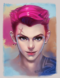 Rule 34 | 1girl, artist name, blue eyes, closed mouth, earrings, eyelashes, jewelry, lips, looking at viewer, nose, overwatch, overwatch 1, peter xiao, pink hair, portrait, realistic, scar, short hair, single earring, solo, tattoo, undercut, upper body, zarya (overwatch)