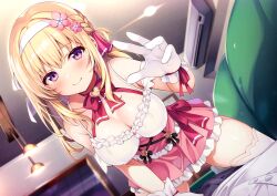 Rule 34 | 1boy, absurdres, air conditioner, black pants, blonde hair, blush, bow, bowtie, braid, breasts, cleavage, closed mouth, couch, frilled skirt, frills, girl on top, gloves, hair ribbon, hairband, highres, indoors, long hair, looking at viewer, medium breasts, non-web source, on couch, original, pants, pov, purple eyes, reaching, reaching towards viewer, red bow, red bowtie, red skirt, ribbon, shirt, sidelocks, skirt, smile, solo, thighhighs, utsurogi akira, white gloves, white shirt, white thighhighs