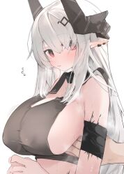 Rule 34 | 1girl, arknights, black horns, breasts, ear piercing, eyes visible through hair, highres, horns, large breasts, long hair, looking at viewer, material growth, mikozin, mudrock (arknights), oripathy lesion (arknights), piercing, pointy ears, red eyes, simple background, solo focus, sweat, upper body, white background, white hair