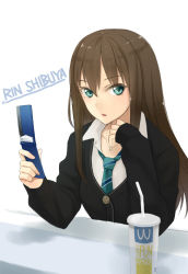 Rule 34 | 10s, 1girl, aqua eyes, cardigan, cellphone, character name, cup, flip phone, idolmaster, idolmaster cinderella girls, jewelry, necklace, necktie, phone, prime, shibuya rin, sleeves past wrists, solo