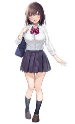 Rule 34 | 1girl, :d, bag, black hair, black skirt, black socks, blue eyes, blush, breasts, brown footwear, collared shirt, commentary request, highres, large breasts, loafers, looking at viewer, open mouth, original, pleated skirt, school bag, school uniform, shiro kuma shake, shirt, shoes, simple background, skirt, smile, socks, standing, tachi-e, uniform, white background, white shirt