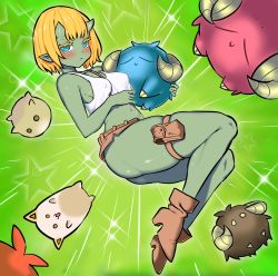 Rule 34 | blonde hair, blue eyes, blush, breasts, colored skin, commentary, crop top, duel monster, english commentary, female goblin, genderswap, genderswap (mtf), goblin, green skin, highres, horns, looking at viewer, midriff, navel, none (44404247), scapeghost, scapegoat, sheep, short hair, short shorts, shorts, skindentation, small breasts, star (symbol), tank top, thighs, token collector (yu-gi-oh!), yu-gi-oh!