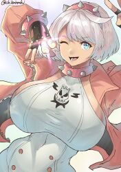 Rule 34 | 1girl, blue eyes, breasts, chikoinochi, collar, elphelt valentine, female focus, fingerless gloves, gloves, guilty gear, guilty gear strive, highres, huge breasts, looking at viewer, one eye closed, short hair, solo, spiked collar, spikes, upper body, white hair, wink