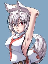 Rule 34 | 1girl, adapted costume, albino, alternate costume, animal ears, armpits, arms up, belt, blue background, breasts, colored eyelashes, highres, inubashiri momiji, kouno ibuki, looking at viewer, no bra, open mouth, pom pom (clothes), red eyes, shirt, sideboob, simple background, sleeveless, solo, stretching, tail, touhou, turtleneck, upper body, white hair, wolf ears, wolf tail