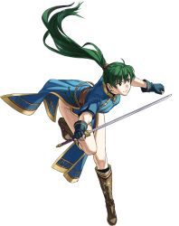 Rule 34 | 1girl, ahoge, bare legs, bent over, black socks, boots, breasts, brown footwear, clenched hand, closed mouth, dress, earrings, female focus, fingerless gloves, fire emblem, fire emblem: the blazing blade, fire emblem heroes, floating hair, full body, gloves, green eyes, green hair, highres, holding, holding weapon, jewelry, knee boots, kneehighs, kozaki yuusuke, leaning, leaning forward, legs, long hair, lyn (fire emblem), matching hair/eyes, medium breasts, nintendo, official art, pelvic curtain, ponytail, serious, short sleeves, side slit, socks, solo, standing, standing on one leg, sword, transparent background, weapon