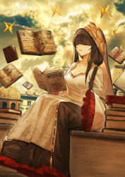Rule 34 | 1girl, blindfold, book, braid, breasts, brown hair, bug, butterfly, cleavage, cloud, collarbone, dress, frilled sleeves, frills, full body, grimoire, highres, insect, large breasts, long hair, mole, mole on breast, mole under eye, original, parted lips, relayrl, shirt, side braid, sidelocks, sitting, solo, tagme, veil, white dress, white shirt