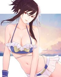 Rule 34 | bikini, bikini skirt, breasts, cleavage, collarbone, commentary, english commentary, final fantasy, final fantasy vii, final fantasy vii rebirth, final fantasy vii remake, flower, folded ponytail, frilled bikini, frills, hair flower, hair ornament, highres, large breasts, lips, looking at viewer, midriff, navel, red eyes, sidelocks, smile, solo, swimsuit, thighs, thong, tifa lockhart, truejekart