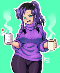 Rule 34 | 1girl, 2022, 20s, aqua background, aqua eyes, bare shoulders, black pants, blush, breasts, coffee, coffee mug, collarbone, cup, dated, drink, earrings, fangs, glasses, highres, holding, holding cup, jewelry, large breasts, long hair, long sleeves, mug, multicolored hair, open mouth, pants, piercing, ponytail, purple hair, purple sweater, sidney (zeshgolden), smile, solo, steam, sweater, tea, teabag, teeth, tongue piercing, two-tone hair, yoga pants, zeshgolden