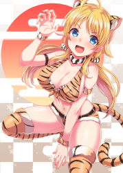 Rule 34 | 1girl, ahoge, animal ears, animal print, bare shoulders, belt, between legs, blonde hair, blue eyes, blush, breasts, claw pose, cleavage, collar, commentary request, dan (orange train), fake animal ears, fake tail, front-tie top, fur trim, hachimiya meguru, hand between legs, highres, idolmaster, idolmaster shiny colors, large breasts, long hair, looking at viewer, navel, new year, rising sun flag, short shorts, shorts, solo, squatting, sunburst, tail, thighhighs, thighs, tiger ears, tiger print, tiger tail, twintails