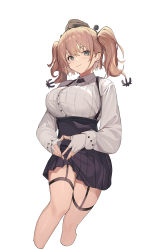 Rule 34 | 1girl, atlanta (kancolle), black hat, blouse, brown hair, closed mouth, collared shirt, garrison cap, grey eyes, hair between eyes, hat, highres, kantai collection, long hair, oweee, shirt, simple background, skirt, smile, solo, suspender skirt, suspenders, two side up, white background, white shirt