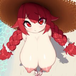 Rule 34 | 1girl, absurdres, animal ears, beach, blush, borrowed character, braid, breasts, closed mouth, collarbone, cromachina, deep skin, eyebrows hidden by hair, from above, goat-chan (enarane), goat ears, goat girl, hat, highres, huge breasts, large areolae, large nipples, looking at viewer, nail polish, nude, ocean, oppai loli, original, pout, puffy areolae, puffy nipples, red eyes, red hair, sandals, scrunchie, shiny skin, sidelocks, skindentation, solo, standing, straw hat, twin braids, twintails