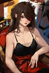 Rule 34 | 1girl, absurdres, artist name, bare shoulders, beidou (genshin impact), blush, breasts, brown hair, chair, cleavage, collarbone, colored eyepatch, commentary, earrings, eyepatch, faux traditional media, genshin impact, hair ornament, hair over one eye, hair stick, hairpin, highres, impasto, jewelry, leaning on table, long hair, looking at viewer, medium breasts, no gloves, one eye covered, painterly, parted lips, ravine bells, red eyes, shirt, sidelocks, sitting, solo, tassel, tassel hair ornament, teeth, upper body