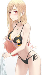 Rule 34 | 1girl, absurdres, barbell piercing, bikini, black bikini, black choker, blonde hair, breasts, choker, commentary, davvworlds, ear piercing, english commentary, fake nails, floral print, highres, holding, holding clothes, industrial piercing, jewelry, kitagawa marin, lace, lace choker, large breasts, long hair, multi-strapped bikini, necklace, piercing, print bikini, red eyes, side-tie bikini bottom, simple background, solo, sono bisque doll wa koi wo suru, string bikini, swimsuit, white background