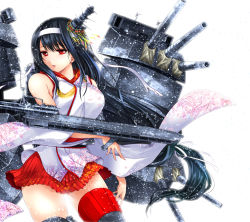 Rule 34 | 10s, 1girl, bare shoulders, black hair, breasts, cannon, catapult, detached sleeves, flight deck, floral print, fusou (kancolle), hair ornament, headband, japanese clothes, kantai collection, large breasts, lips, long hair, nontraditional miko, obi, red eyes, sash, skirt, smile, solo, sumeragi hamao, turret