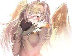 Rule 34 | 1girl, animal hands, blush, breasts, brown eyes, brown hair, candy, chocolate, chocolate heart, food, glasses, heart, long hair, looking at viewer, neck fur, one eye covered, simple background, smile, solo, tokyo houkago summoners, upper body, waku (ayamix), wings, ziz (housamo), ziz tokyo houkago summoners)