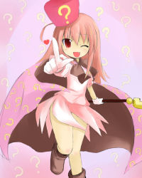 Rule 34 | 1girl, ;d, ?, benesse, fang, hat, hatena yousei, long hair, looking at viewer, one eye closed, open mouth, pink hat, pointing, pointing at viewer, shichinose, smile, solo, staff, standing, standing on one leg