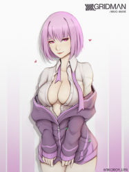 Rule 34 | 10s, 1girl, absurdres, artist name, bad id, bad pixiv id, bare legs, bob cut, breasts, collared shirt, covered erect nipples, cowboy shot, dress shirt, gridman universe, highres, jacket, jacket tug, large breasts, light purple hair, liya nikorov, looking at viewer, mole, mole on breast, mole on neck, no bra, off shoulder, open clothes, open shirt, pink eyes, purple jacket, purple ribbon, red lips, ribbon, shinjou akane, shirt, short hair, sleeves past wrists, smile, solo, ssss.gridman, standing, white shirt, zipper, zipper pull tab