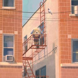 Rule 34 | animal crossing, bird, building, closed eyes, closed mouth, daisy (animal crossing), day, dog, fawn (fawnyawns), highres, nintendo, outdoors, pigeon, power lines, scenery, sky, stairs, standing, striped clothes, striped sweater, sweater, window