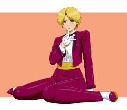 Rule 34 | 1girl, biting, blonde hair, blue eyes, blush, bow, bowtie, cropped jacket, earrings, glove biting, glove pull, gloves, high-waist pants, jewelry, king (snk), makani kohitujito, mouth pull, pants, reverse trap, sash, short hair, sitting, solo, the king of fighters, very short hair, wariza, white gloves