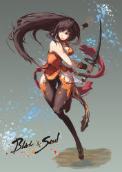 Rule 34 | 10s, 1girl, absurdres, black hair, blade &amp; soul, breasts, brown eyes, character request, cleavage, fighting stance, highres, lkr, long hair, pants, shirt, sleeveless, sleeveless shirt, solo, sword, thigh gap, tight clothes, tight pants, weapon