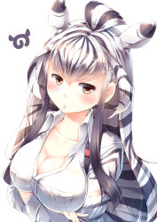 Rule 34 | 10s, 1girl, absurdres, animal ears, black hair, blush, grabbing another&#039;s breast, breast hold, breasts, brown eyes, chapman&#039;s zebra (kemono friends), cleavage, commentary request, crossed arms, extra ears, frown, grabbing, highres, japari symbol, kanzakietc, kemono friends, large breasts, long hair, looking at viewer, multicolored hair, sidelocks, simple background, solo, streaked hair, two-tone hair, upper body, white background, white hair, zebra ears