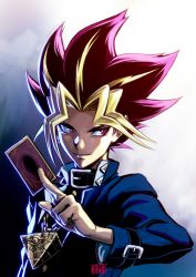 Rule 34 | 1boy, black hair, blonde hair, card, dyed bangs, highres, jewelry, kanta-kun, male focus, millennium puzzle, multicolored hair, muto yugi, necklace, solo, spiked hair, yu-gi-oh!, yu-gi-oh! duel monsters