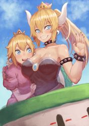 Rule 34 | 2girls, black nails, blonde hair, blue eyes, blue sky, blush, bowsette, breasts, cleavage, crown, cup, day, dress, earrings, fingernails, hair between eyes, highres, horns, janoukyo19, jewelry, large breasts, looking at viewer, mario (series), multiple girls, nail polish, new super mario bros. u deluxe, nintendo, open mouth, pointy ears, ponytail, princess peach, puffy short sleeves, puffy sleeves, sharp fingernails, sharp teeth, shell, short sleeves, sky, sleeveless, sleeveless dress, smile, strapless, strapless dress, super crown, super mario world, teeth, waving, yuri