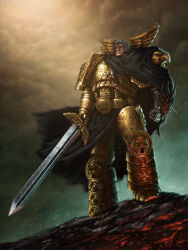 Rule 34 | 1boy, absurdres, alternate hair length, alternate hairstyle, alternate universe, armor, armored boots, artist name, bird, black cape, boots, breastplate, broken armor, bullet hole, cape, cataracts, closed mouth, cloud, cloudy sky, commentary, couter, crystal, cuirass, damaged, danielrosa, eagle, embers, english commentary, gauntlets, gold armor, greaves, grey armor, grey hair, highres, holding, holding sword, holding weapon, imperial fists, jewelry, leg armor, looking up, male focus, medium hair, necklace, outdoors, partially blind, pauldrons, pelvic curtain, photoshop (medium), poleyn, power armor, primarch, procreate (medium), prosthesis, prosthetic hand, rerebrace, rogal dorn, scar, scratches, shoulder armor, sky, standing, standing on rock, sword, torn clothes, warhammer 40k, weapon