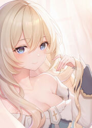 Rule 34 | 1girl, absurdres, alternate hairstyle, barbara (genshin impact), bare shoulders, blonde hair, blue eyes, blush, breasts, cleavage, commentary, dress, genshin impact, hair between eyes, hair down, highres, lightria, long hair, long sleeves, looking at viewer, medium breasts, off-shoulder dress, off shoulder, smile, solo, upper body, white dress